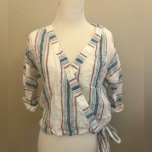 Women’s Beach Style Cross Front Cinch Hem Muslin 3/4 Sleeve Crop Top, Size XS